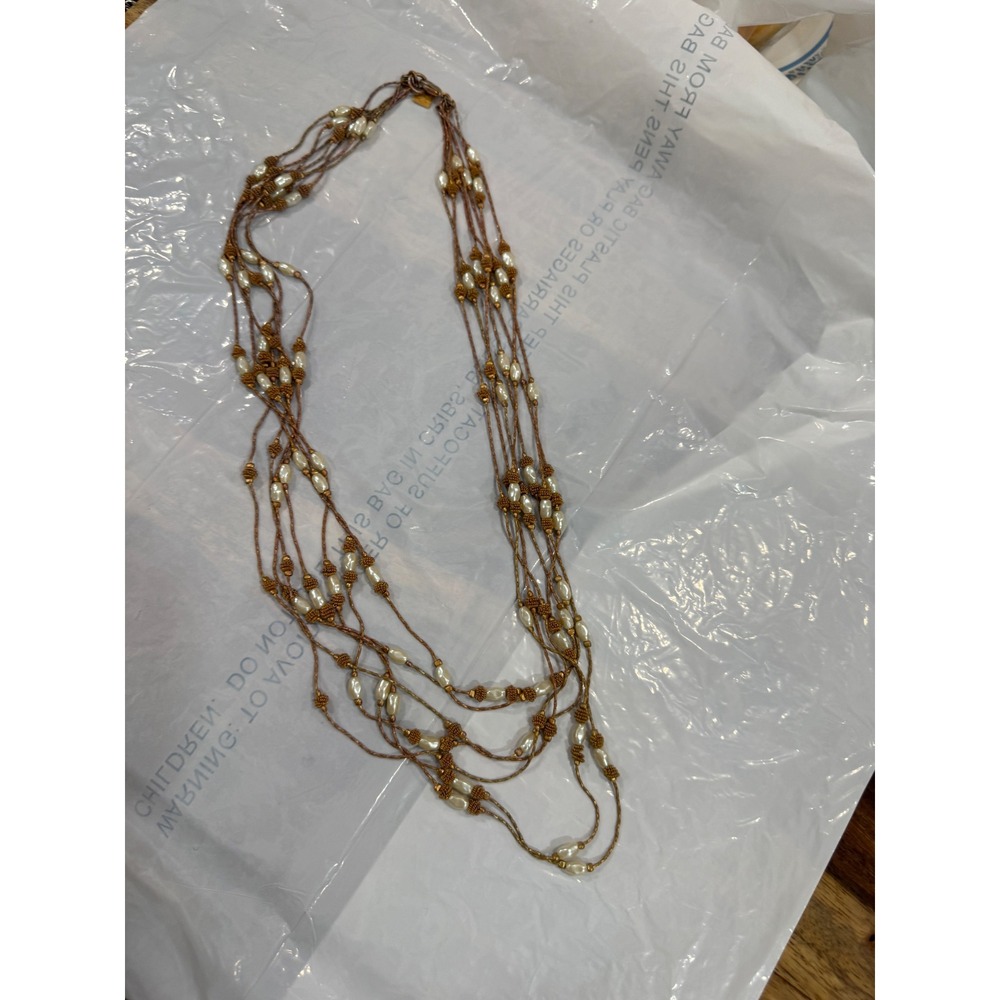 Anne Klein Multi Strand Faux Pearl Copper Tone Layered Necklace Boho Designer